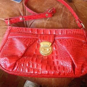 Red Crocodile Embossed Bag with Gold Accents